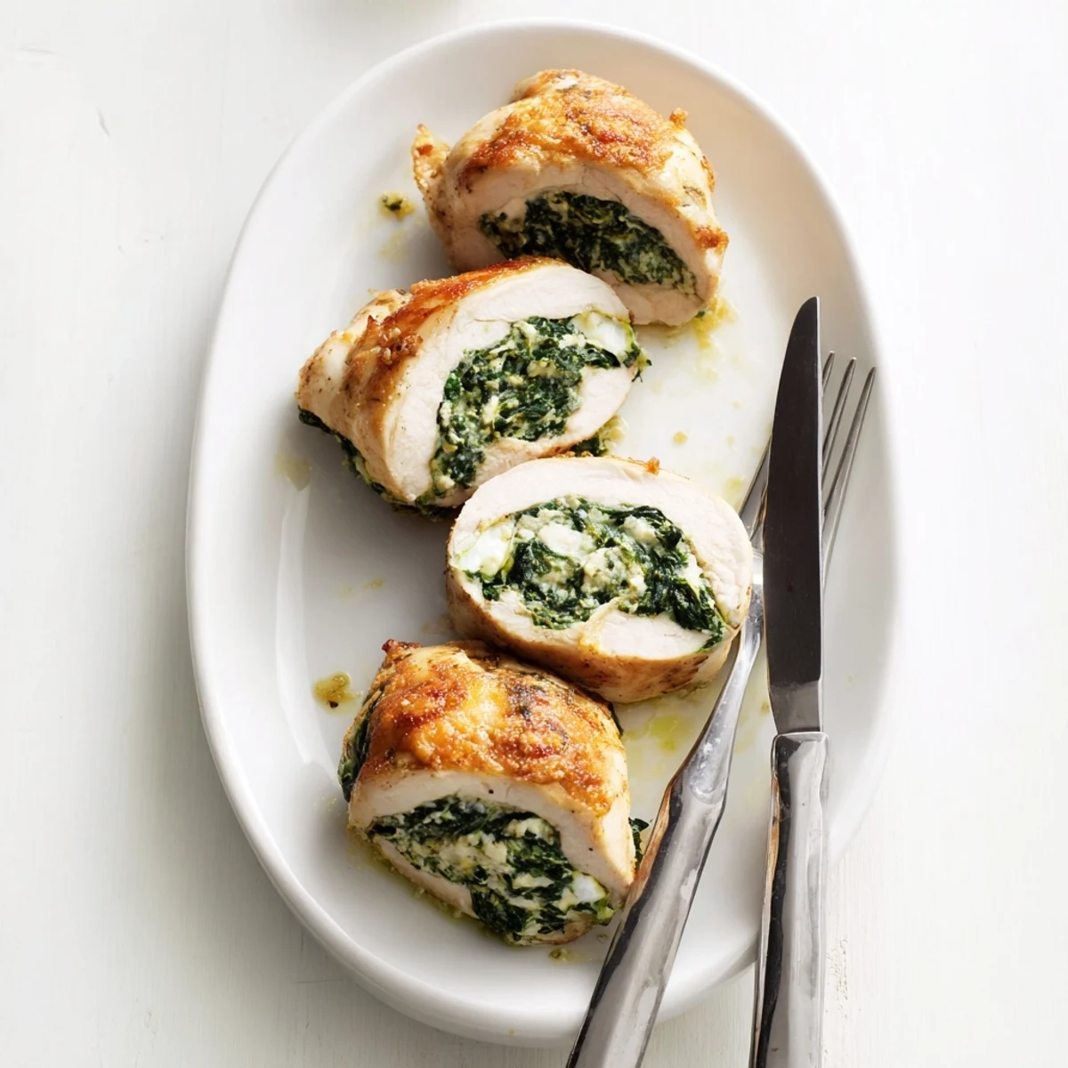 Golden baked spinach ricotta chicken featuring tender stuffed breasts with a crispy parmesan crust