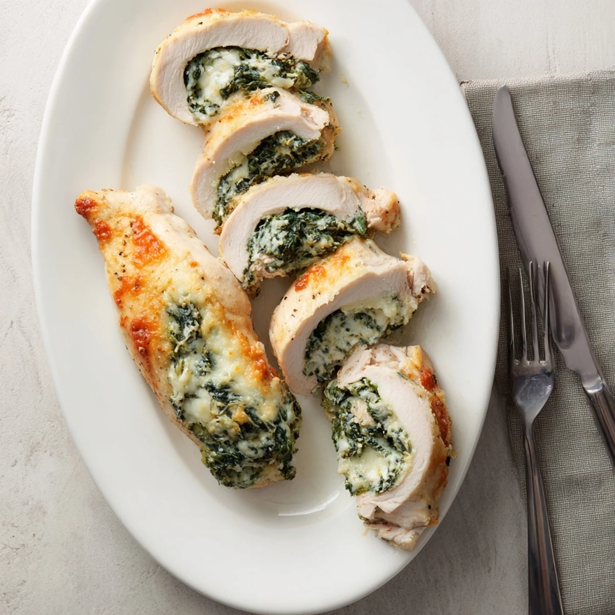 Creamy spinach ricotta stuffed chicken breasts sliced to reveal the melty cheesy filling inside