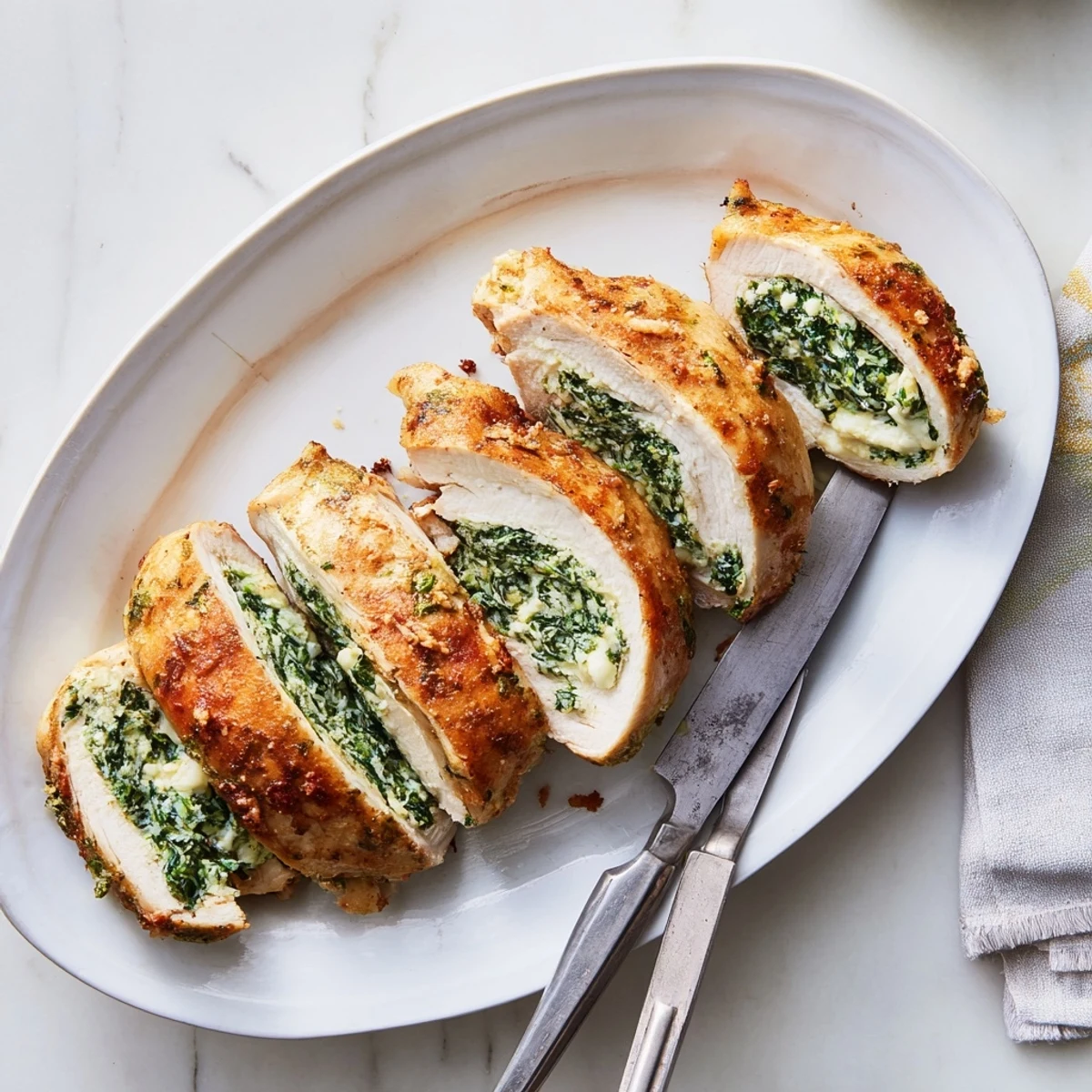 Oven-baked spinach ricotta chicken plated with a golden brown topping and fresh herbs garnish