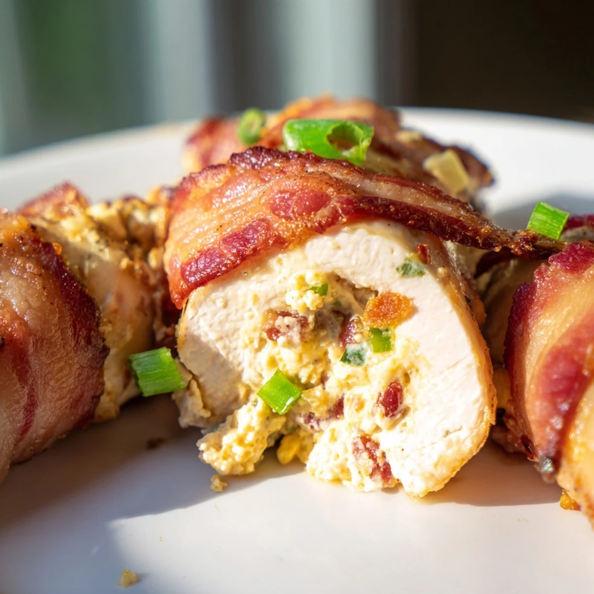 Golden brown bacon-wrapped jalapeño popper chicken with melty cheese filling on a white plate