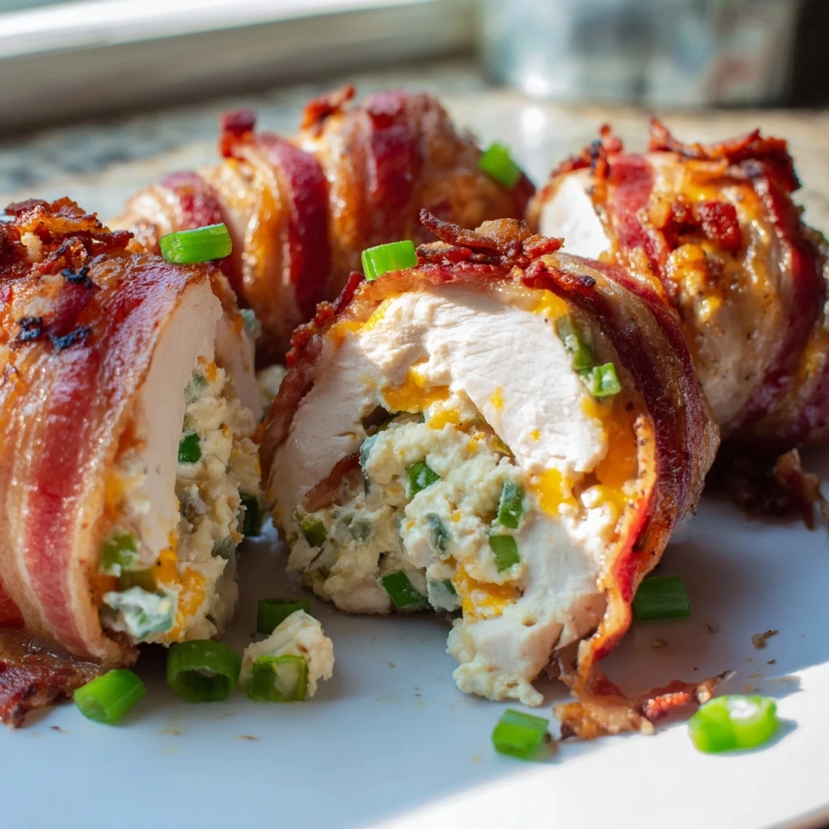 Crispy bacon blankets juicy stuffed chicken breasts oozing with spicy jalapeño cream cheese