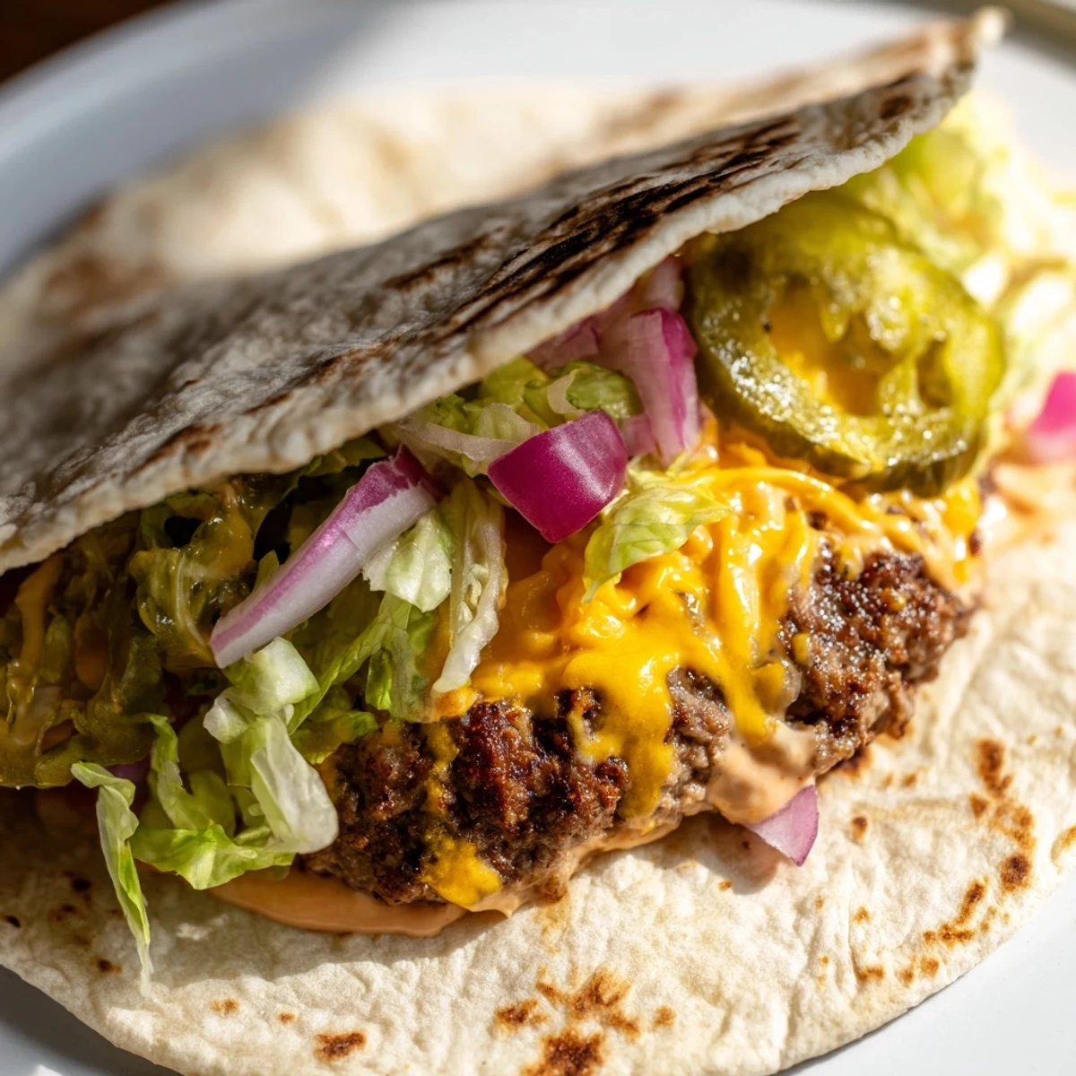 Sizzling skillet of American-Mexican fusion Smash Burger Tacos topped with tangy burger sauce and diced tomatoes