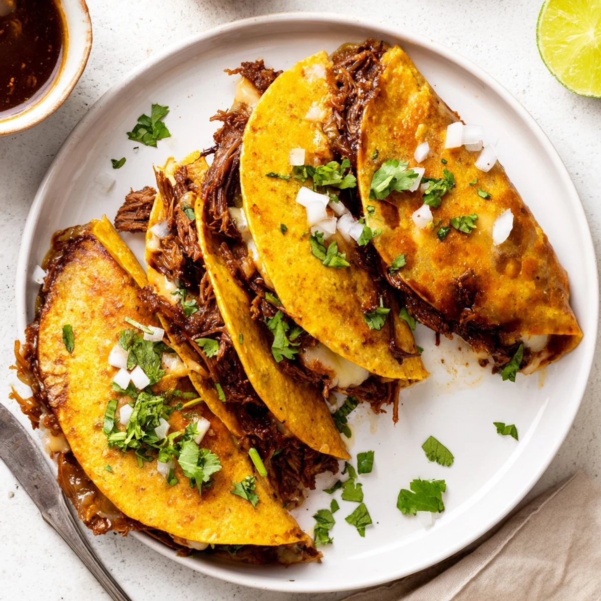 Golden super crispy birria tacos filled with melted cheese and tender shredded beef