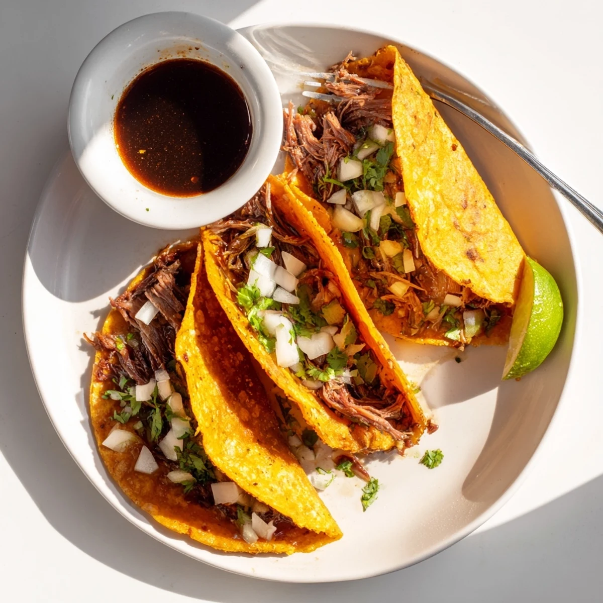 Mexican super crispy birria tacos pan-fried to perfection with consommé for dipping