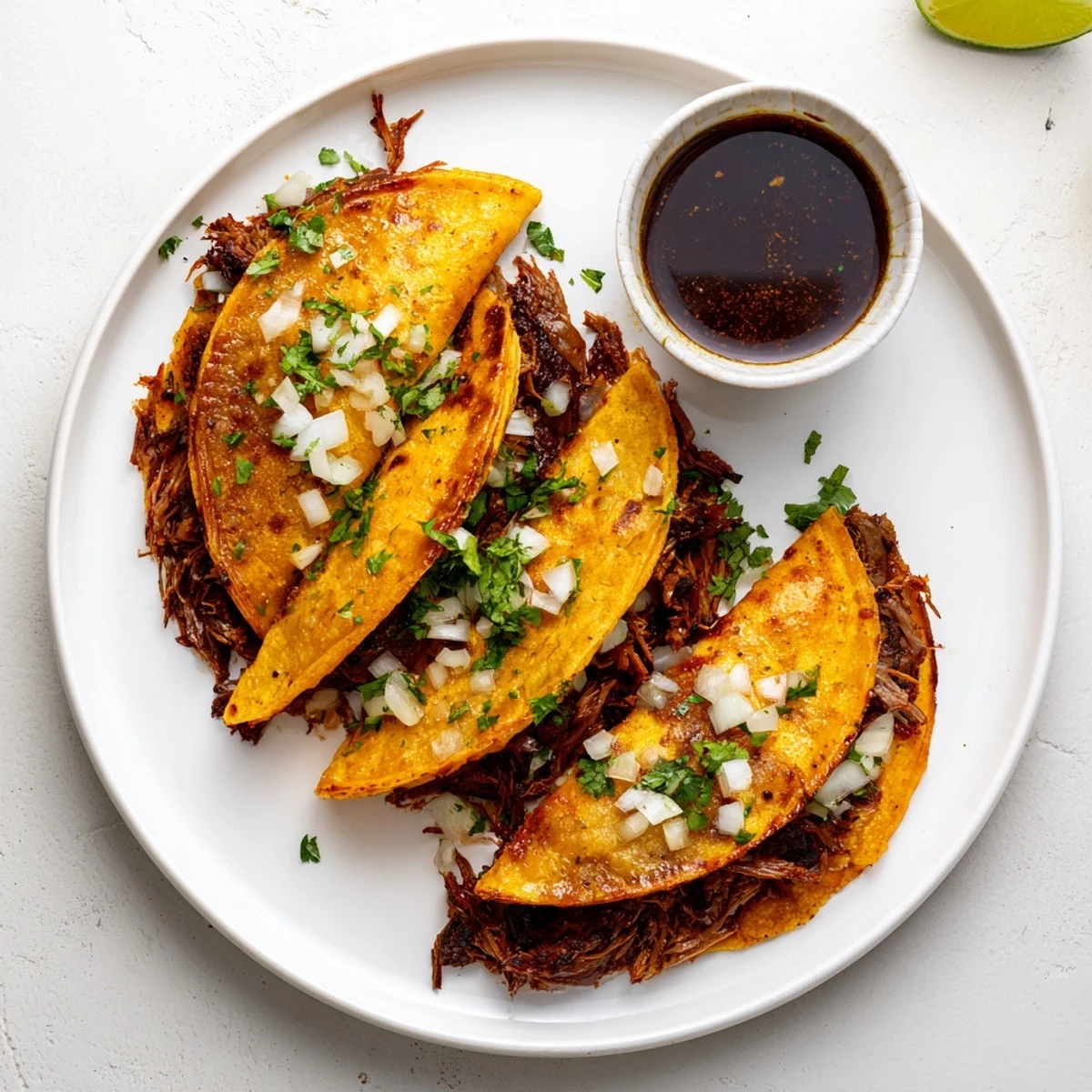 Plate of super crispy birria tacos topped with fresh onion, cilantro, and lime