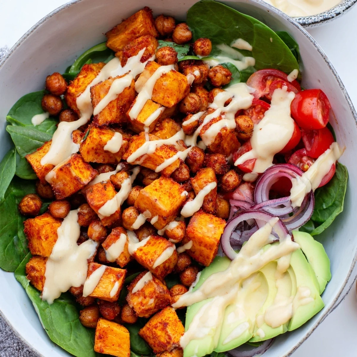 Hearty sweet potato bowl arranged with colorful vegetables and drizzled with creamy tahini