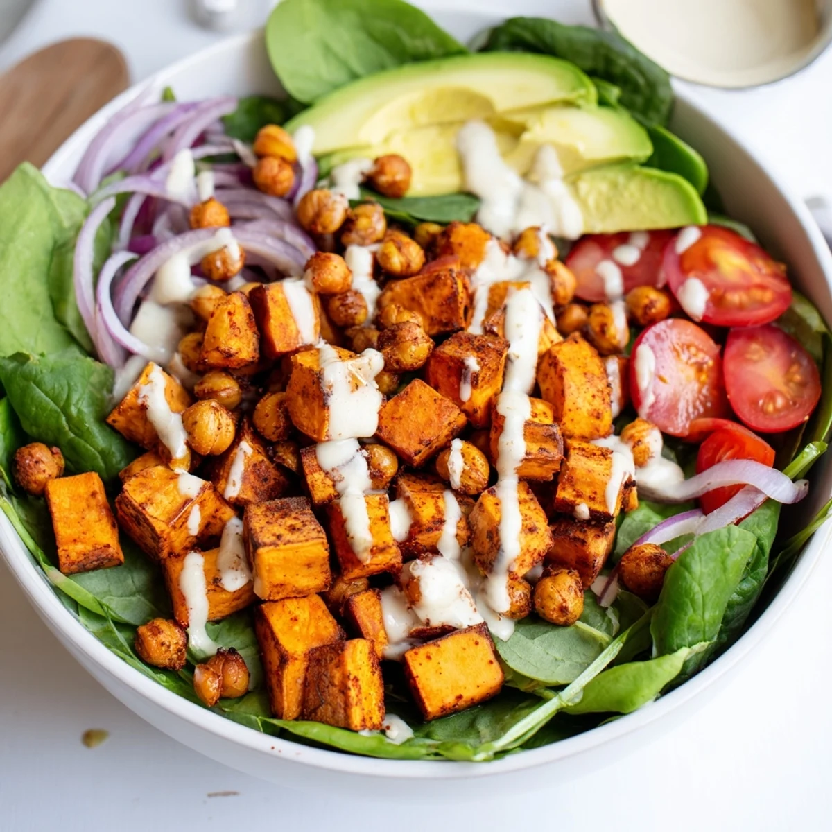 Nourishing sweet potato bowl featuring tender roasted potatoes chickpeas spinach and tangy dressing