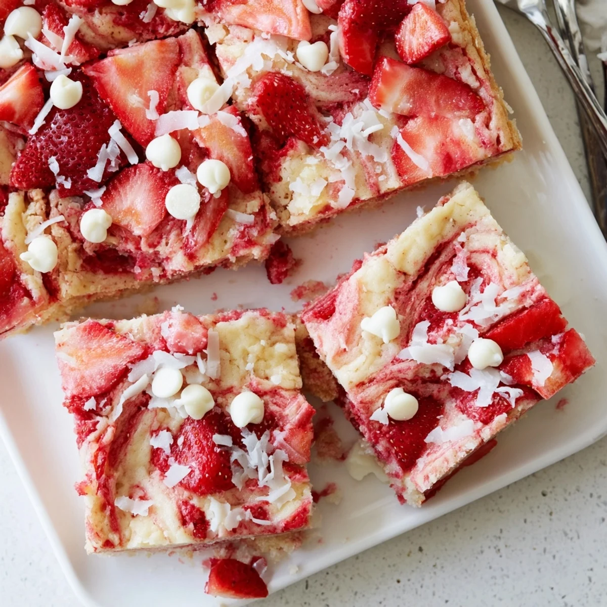 Gooey strawberry earthquake cake with swirled cream cheese, white chocolate chips, and coconut flakes