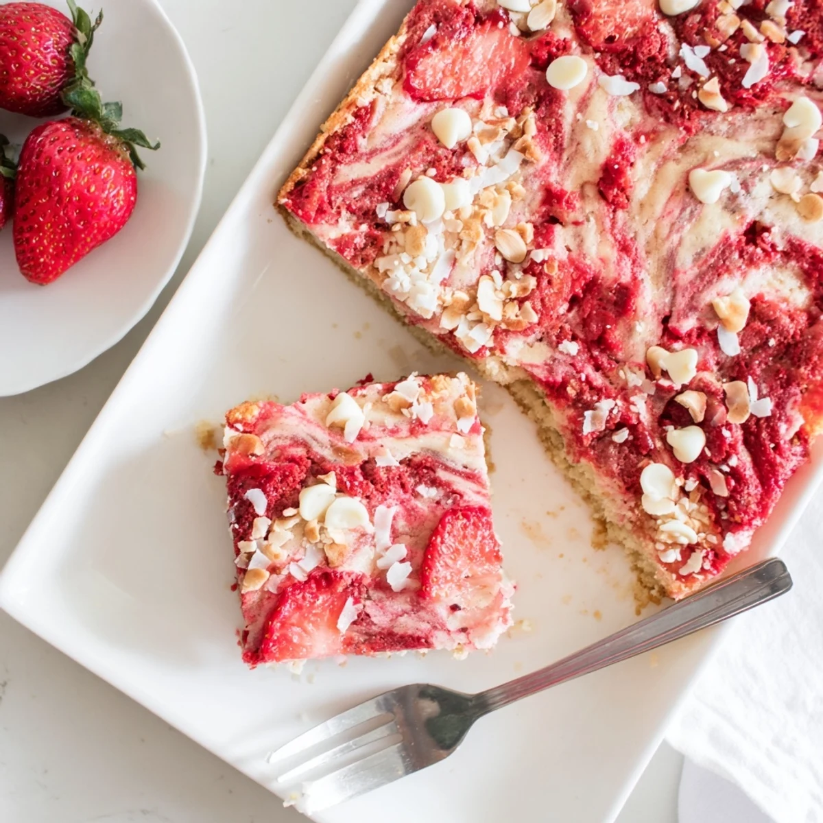 Decadent strawberry earthquake cake displaying cracked strawberry layers with melted white chocolate and shredded coconut