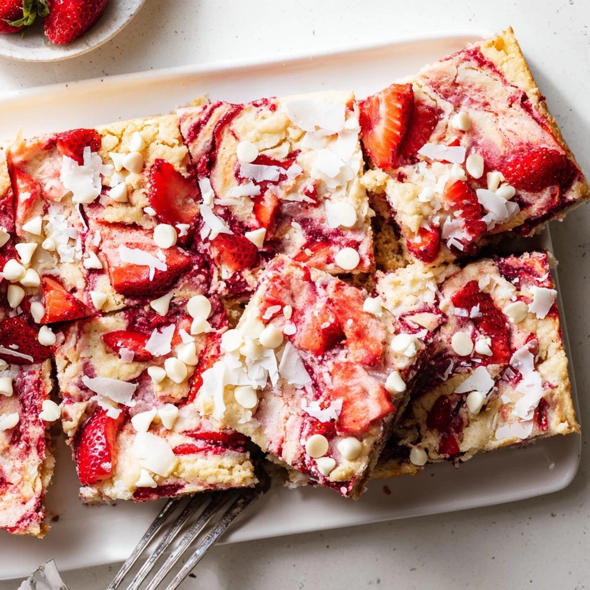 Warm strawberry earthquake cake slice revealing marbled cream cheese and fresh strawberry chunks on a white plate