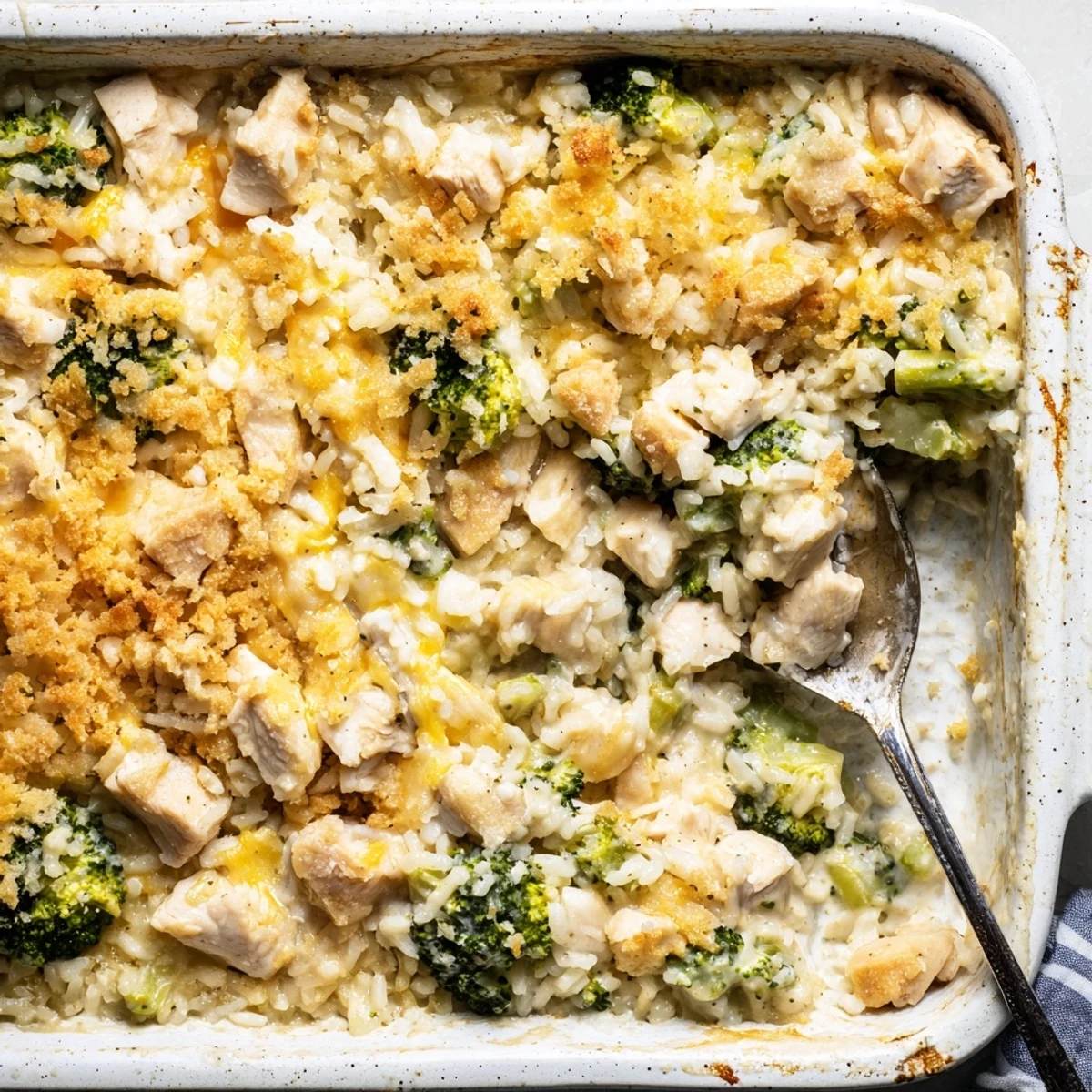 Golden chicken broccoli rice cheese casserole with crispy breadcrumb topping served in baking dish