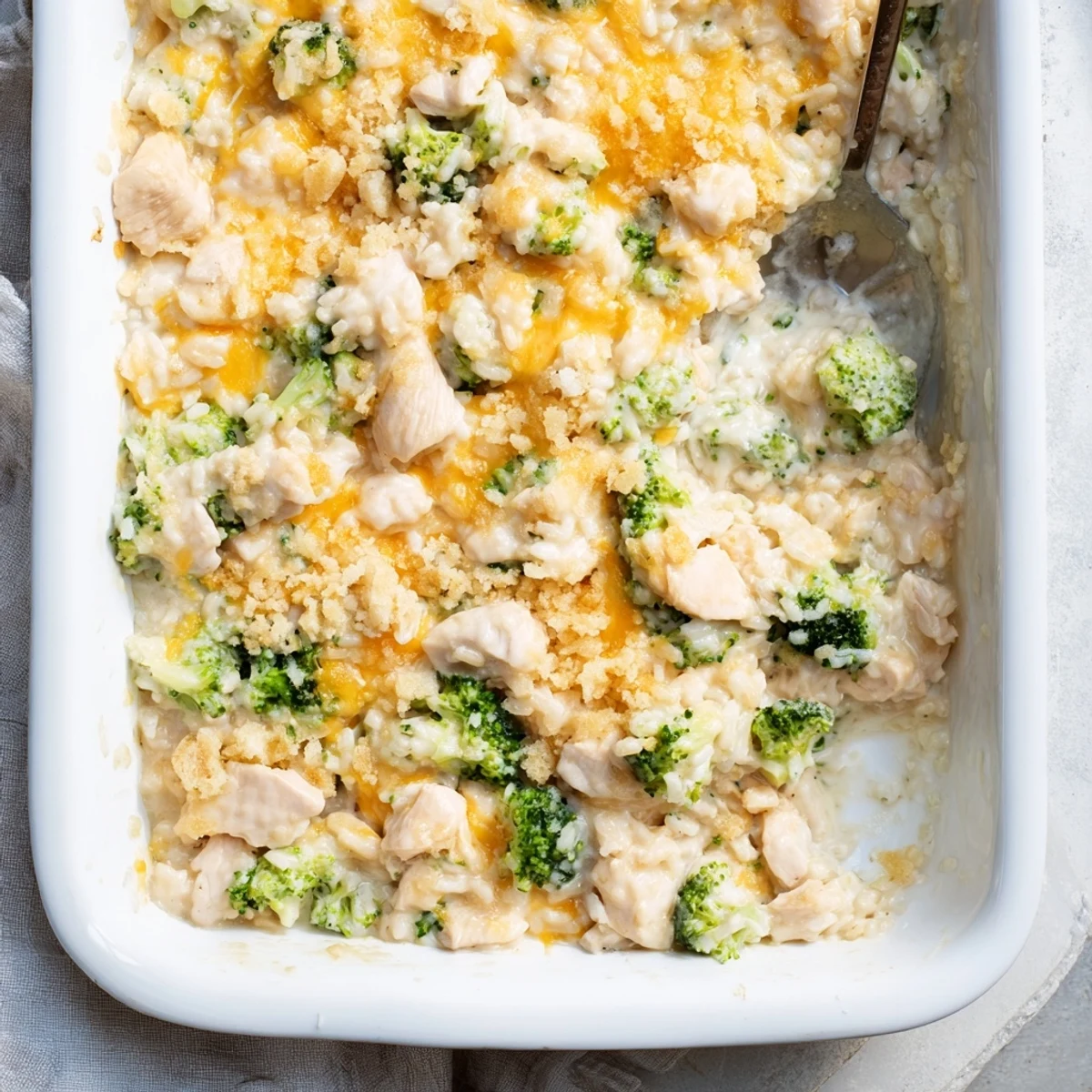 Creamy chicken broccoli rice cheese casserole bubbling hot with melted cheddar and tender broccoli florets