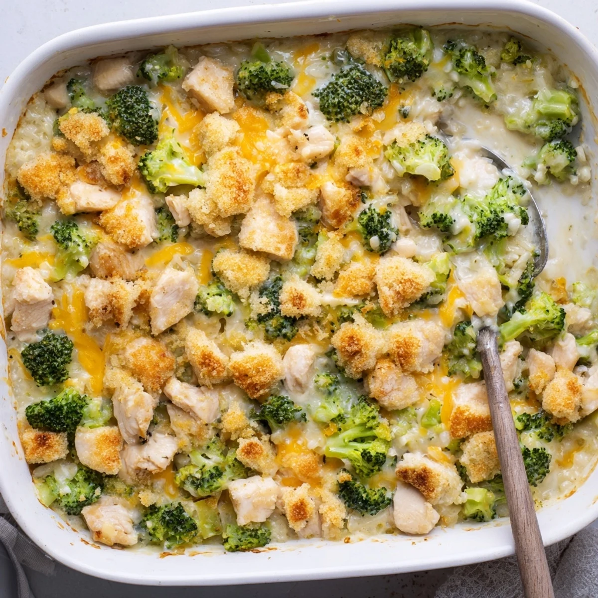 Comforting chicken broccoli rice cheese casserole with golden buttery panko topping ready for family dinner
