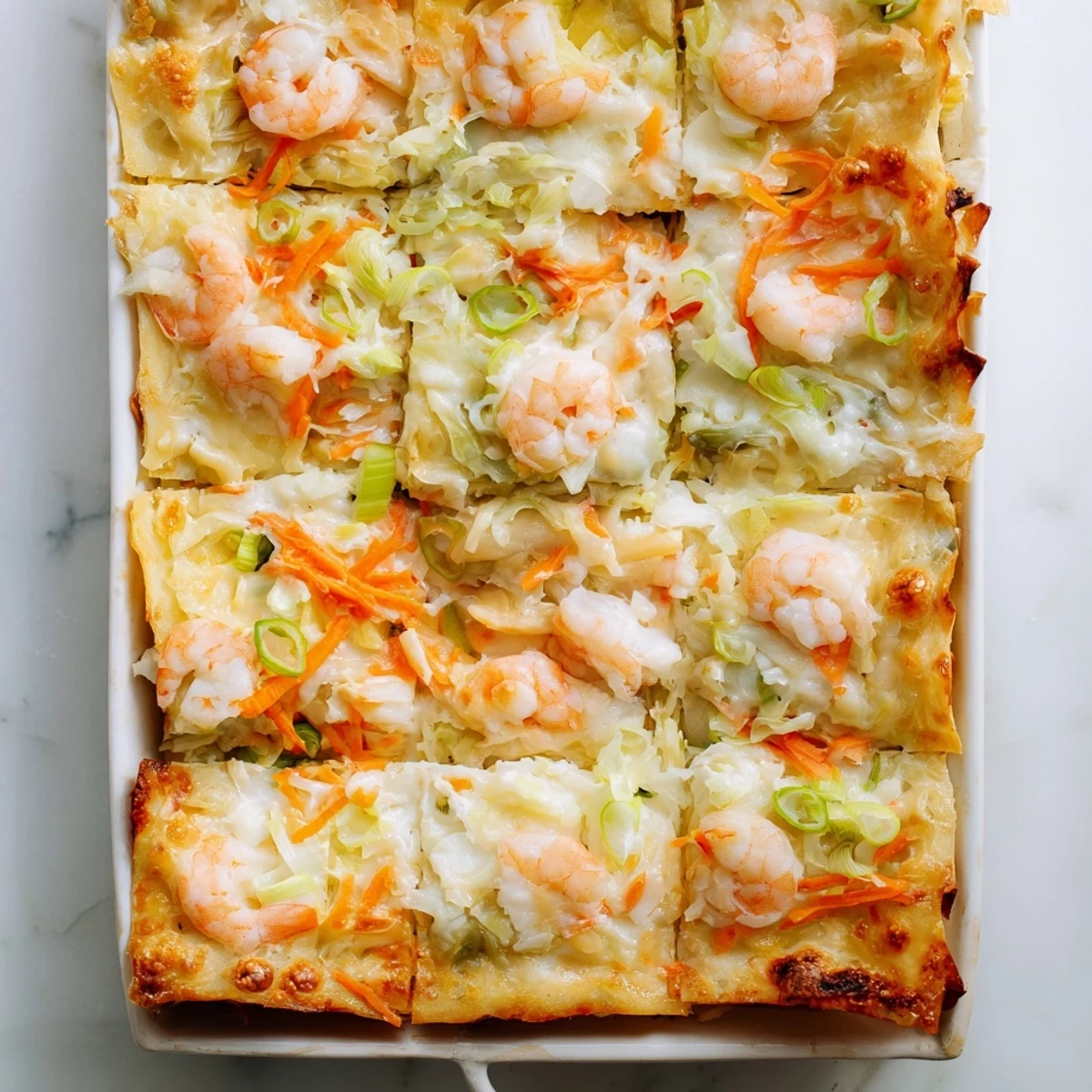 Golden shrimp dumpling lasagna bubbling with melted mozzarella and parmesan cheese layers