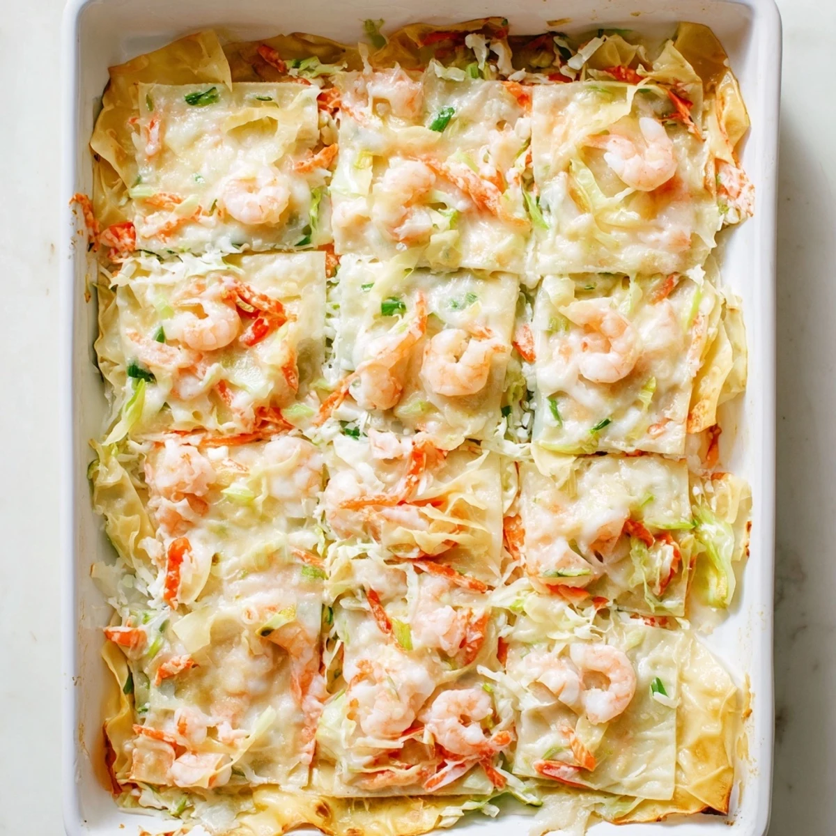 Baked shrimp dumpling lasagna cross-section displaying golden cheesy topping with savory shrimp filling