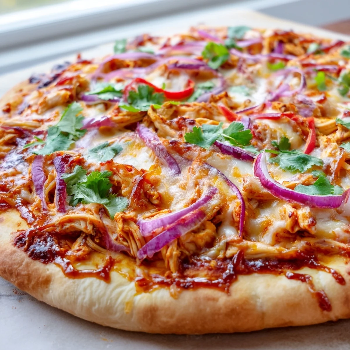 Sizzling homemade BBQ chicken pizza with bubbling mozzarella, smoky sauce, and colorful bell peppers