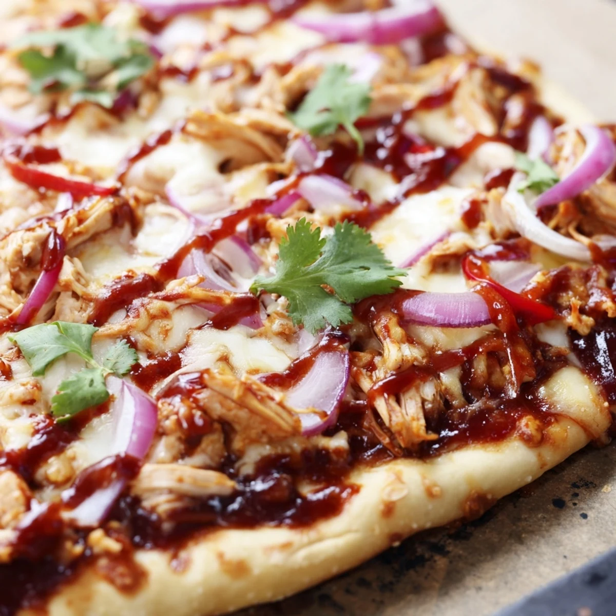 Freshly sliced homemade BBQ chicken pizza drizzled with extra sauce and sprinkled with herbs