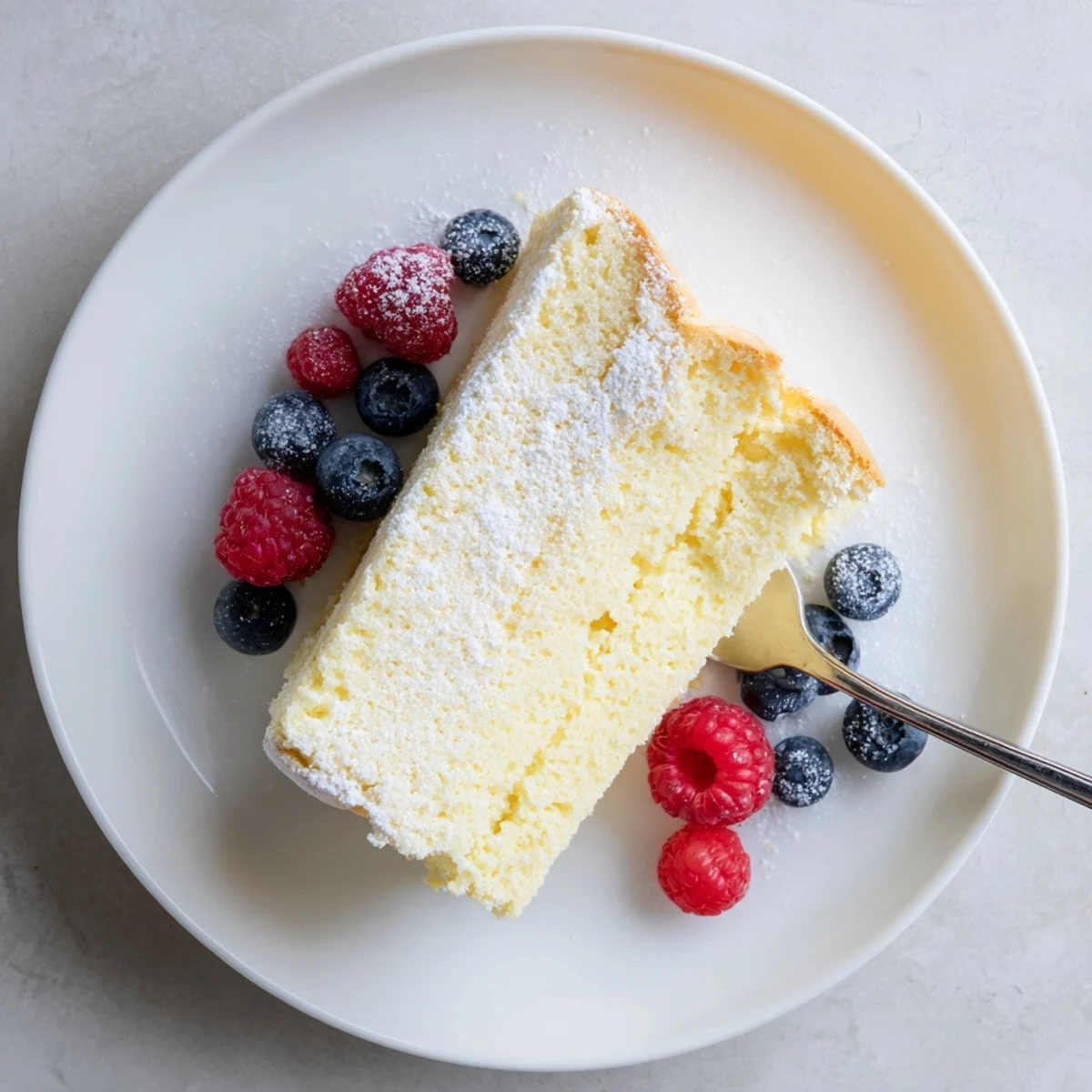 Fluffy Japanese cheesecake with golden top and powdered sugar dusting on white plate