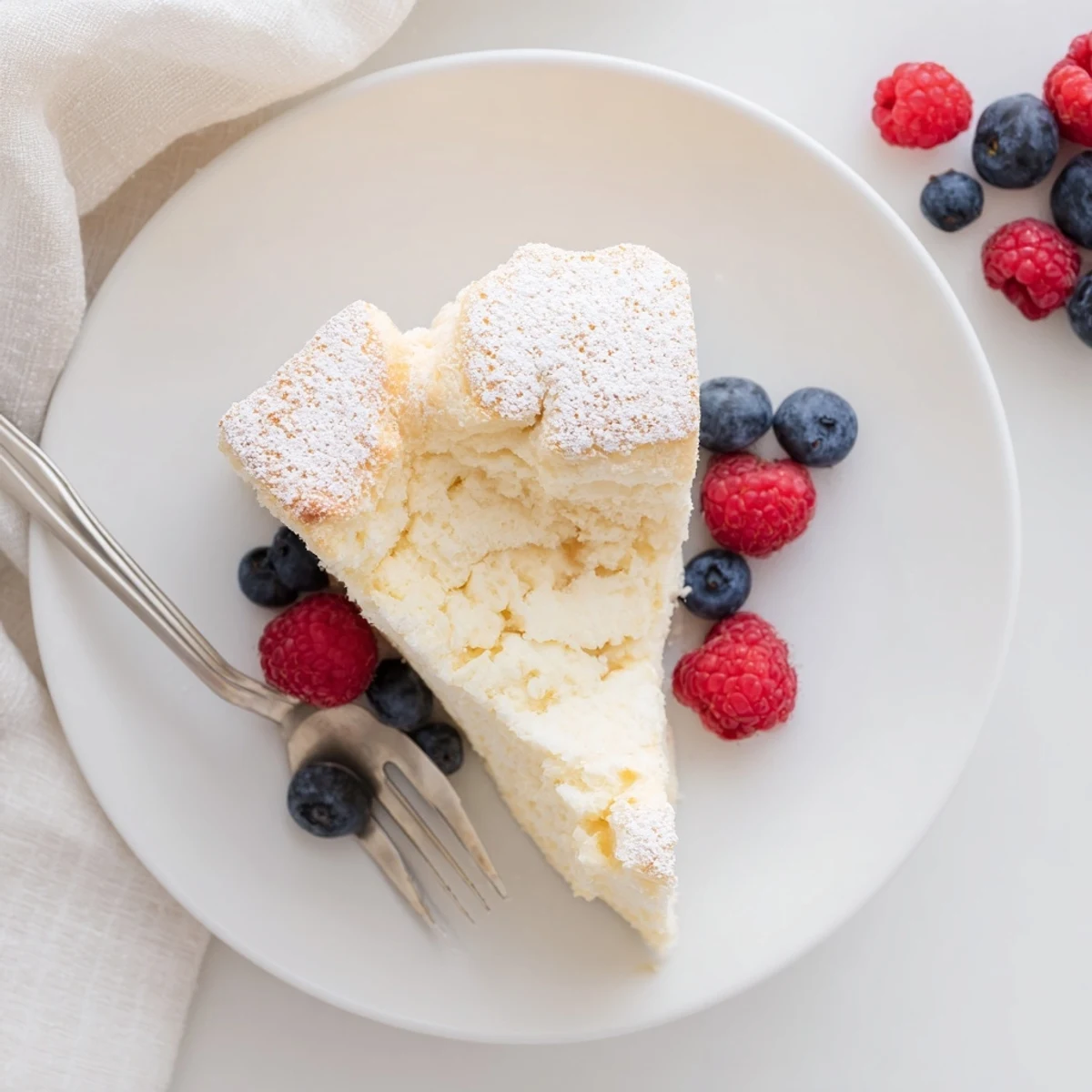 Souffle-style Japanese cheesecake slice revealing cloudlike interior texture beside fresh strawberries