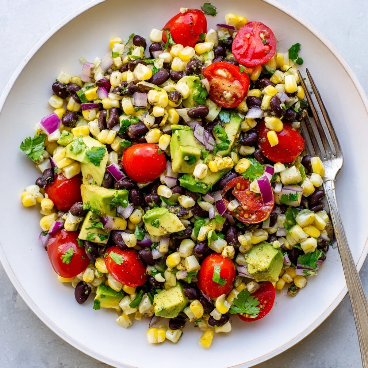 Colorful corn and black bean salad bowl featuring avocado, tomatoes, and zesty lime dressing