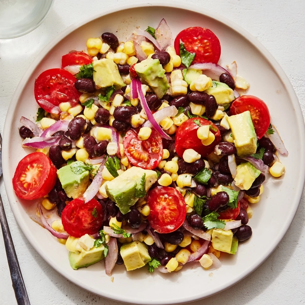 Fresh Tex-Mex corn and black bean salad topped with crisp vegetables and creamy avocado chunks