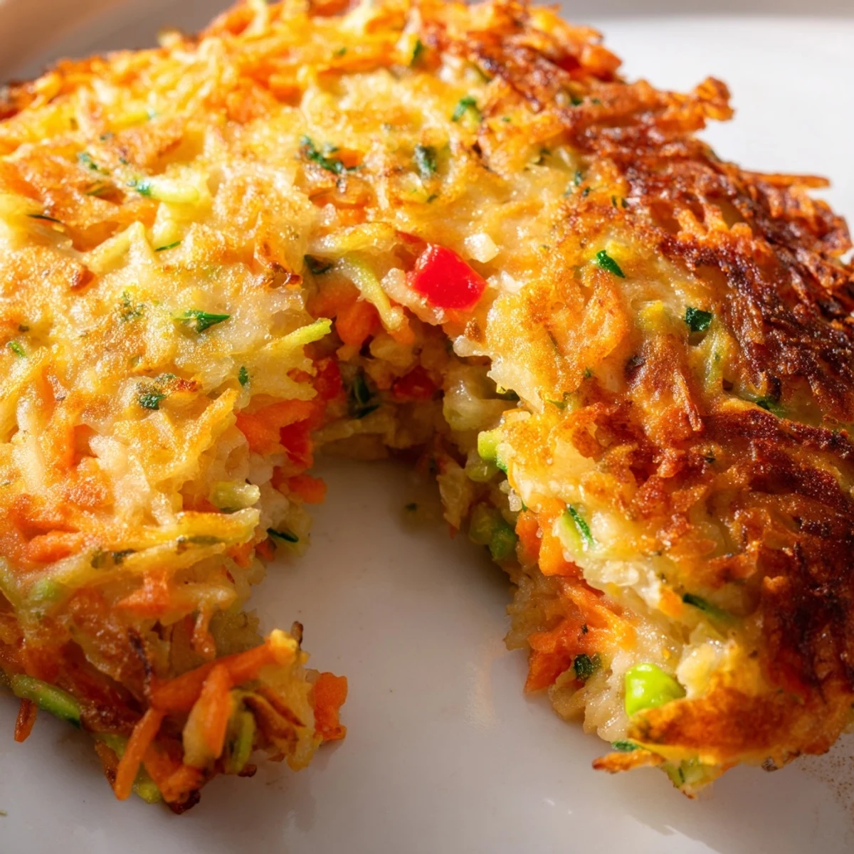 Homemade vegetable fritters featuring colorful grated veggies pan-fried to crunchy perfection