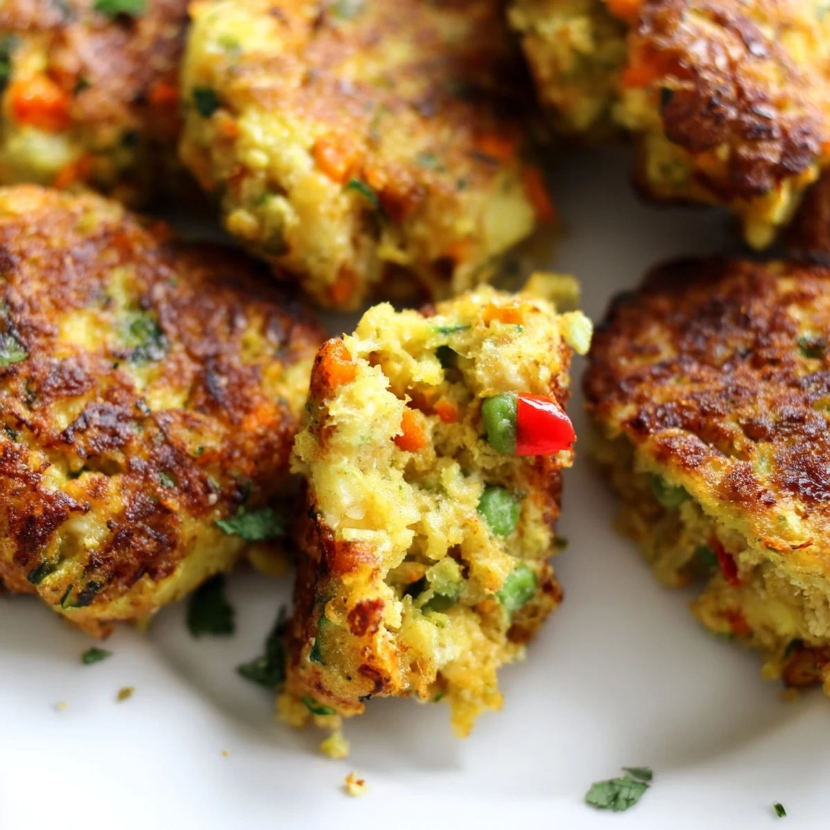 Golden brown crispy vegetable fritters served on a white plate with fresh herbs