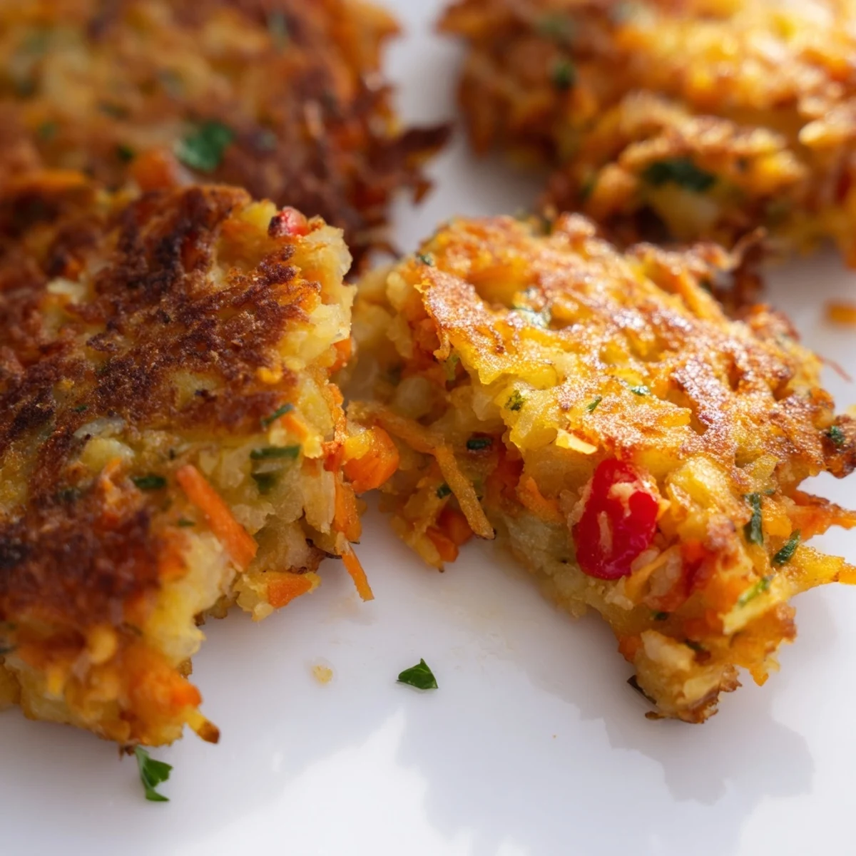 Plate of warm crispy vegetable fritters garnished with parsley and ready for dipping
