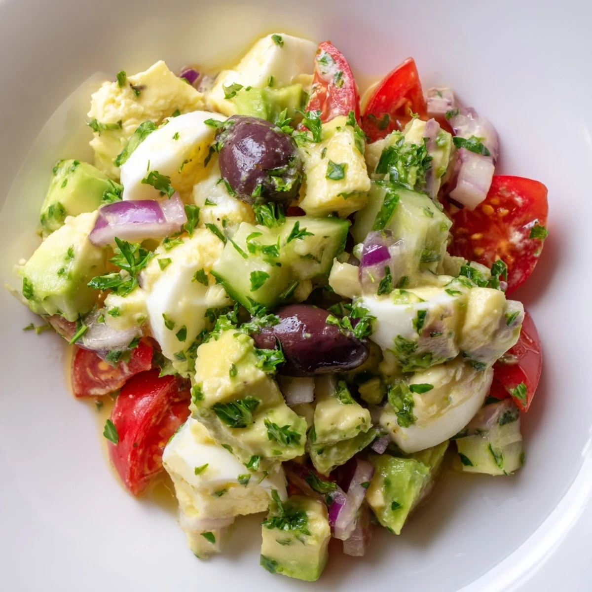 Colorful bowl of zesty Mediterranean avocado egg salad featuring diced vegetables and Kalamata olives perfect for light lunch