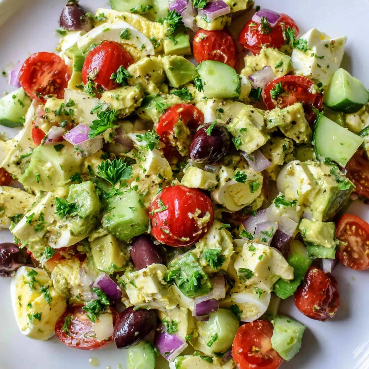 Fresh Mediterranean avocado egg salad with ripe avocado chunks, hard-boiled eggs, and crisp cucumber in tangy lemon dressing