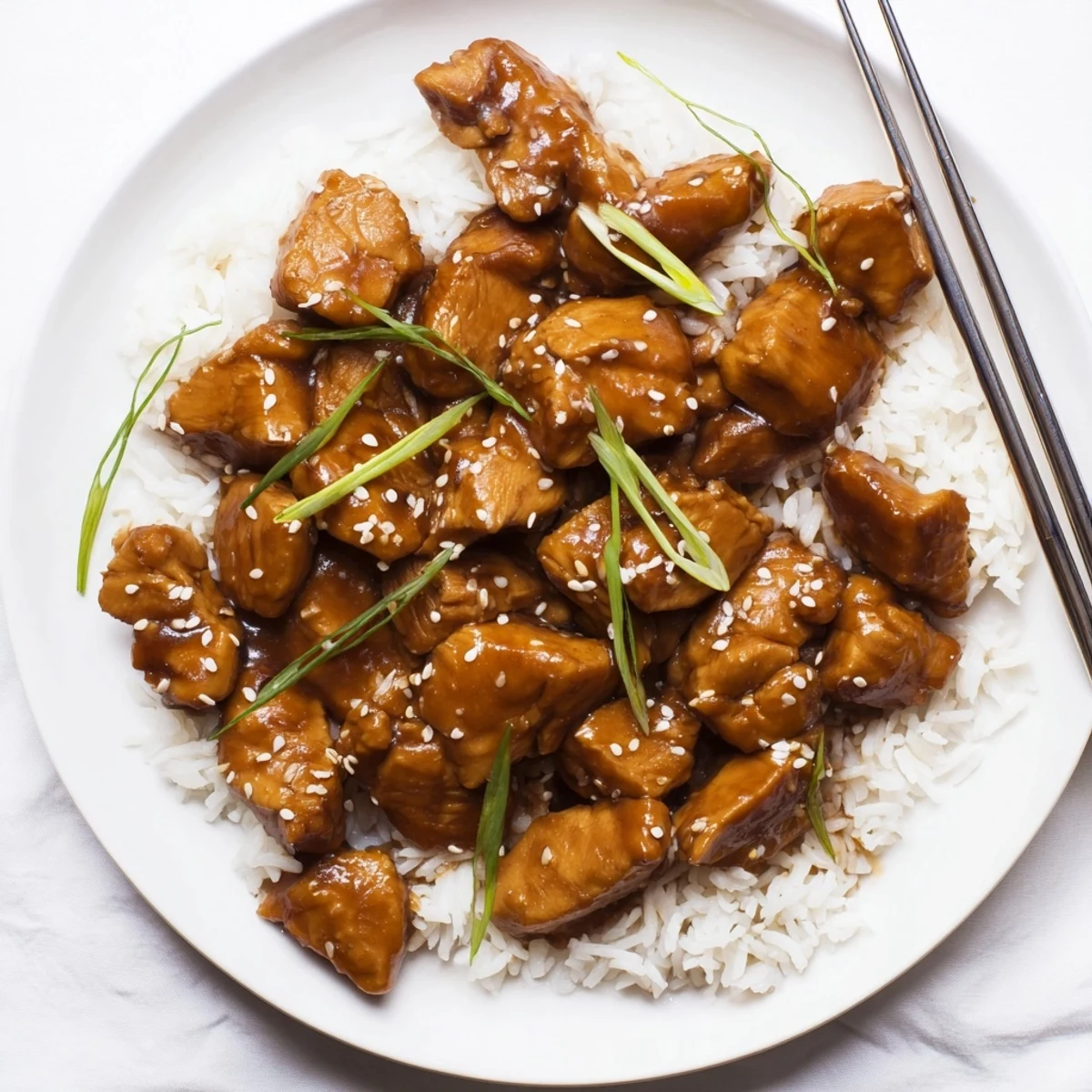 Glossy quick chicken teriyaki pieces coated in rich brown sauce over fluffy white rice