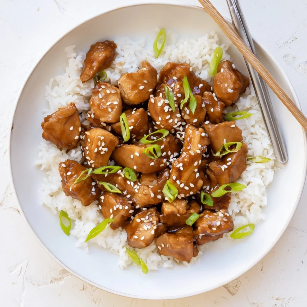 Tender quick chicken teriyaki glazed in sticky sweet sauce served on a white plate