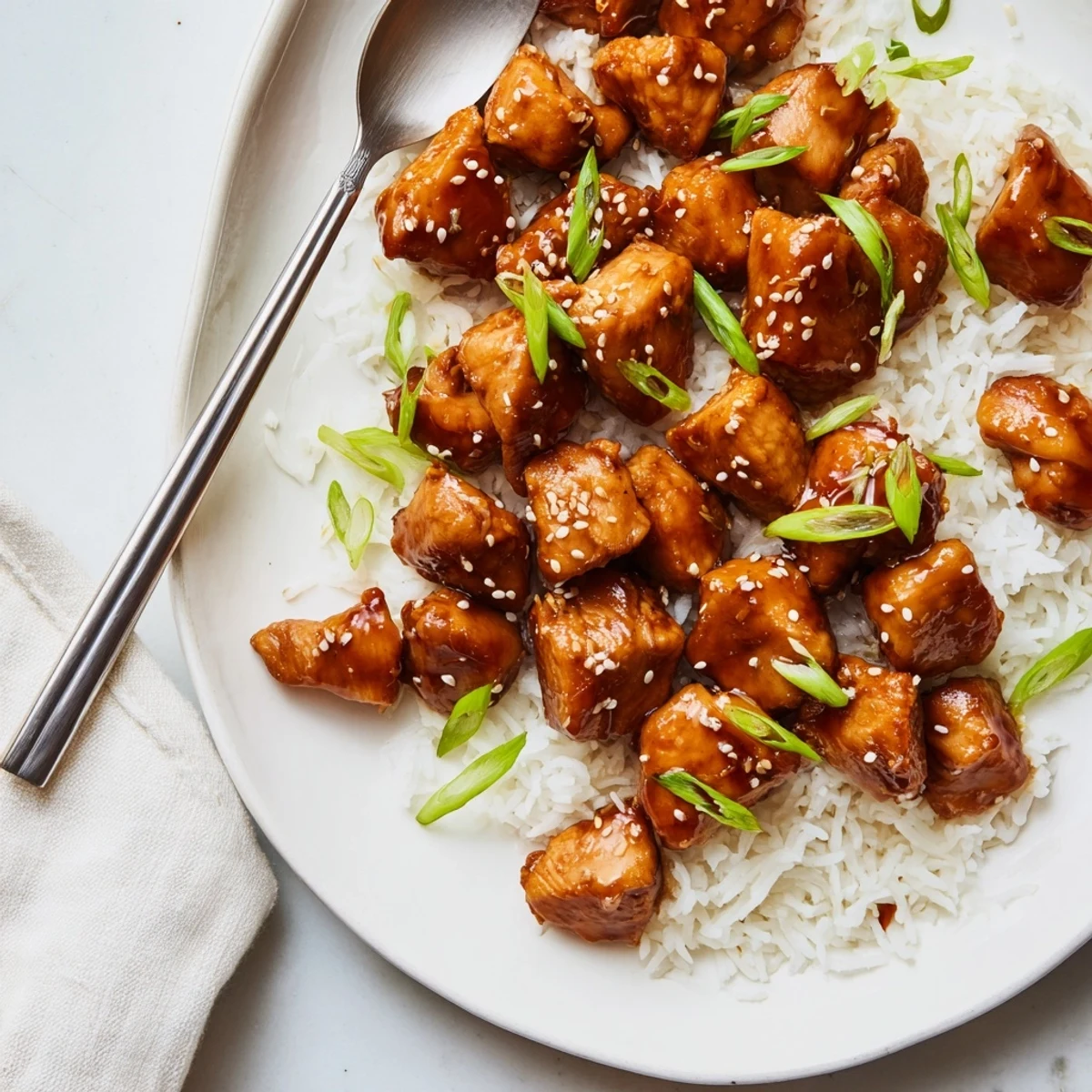 Savory quick chicken teriyaki garnished with sesame seeds and sliced green onions in a bowl