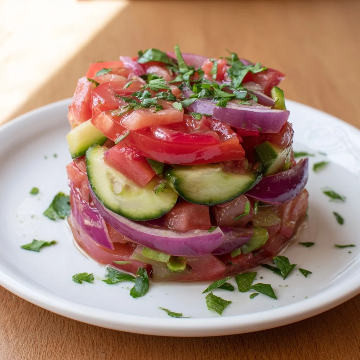 Fresh tomato cucumber and onion salad tossed in light vinaigrette with chopped parsley garnish
