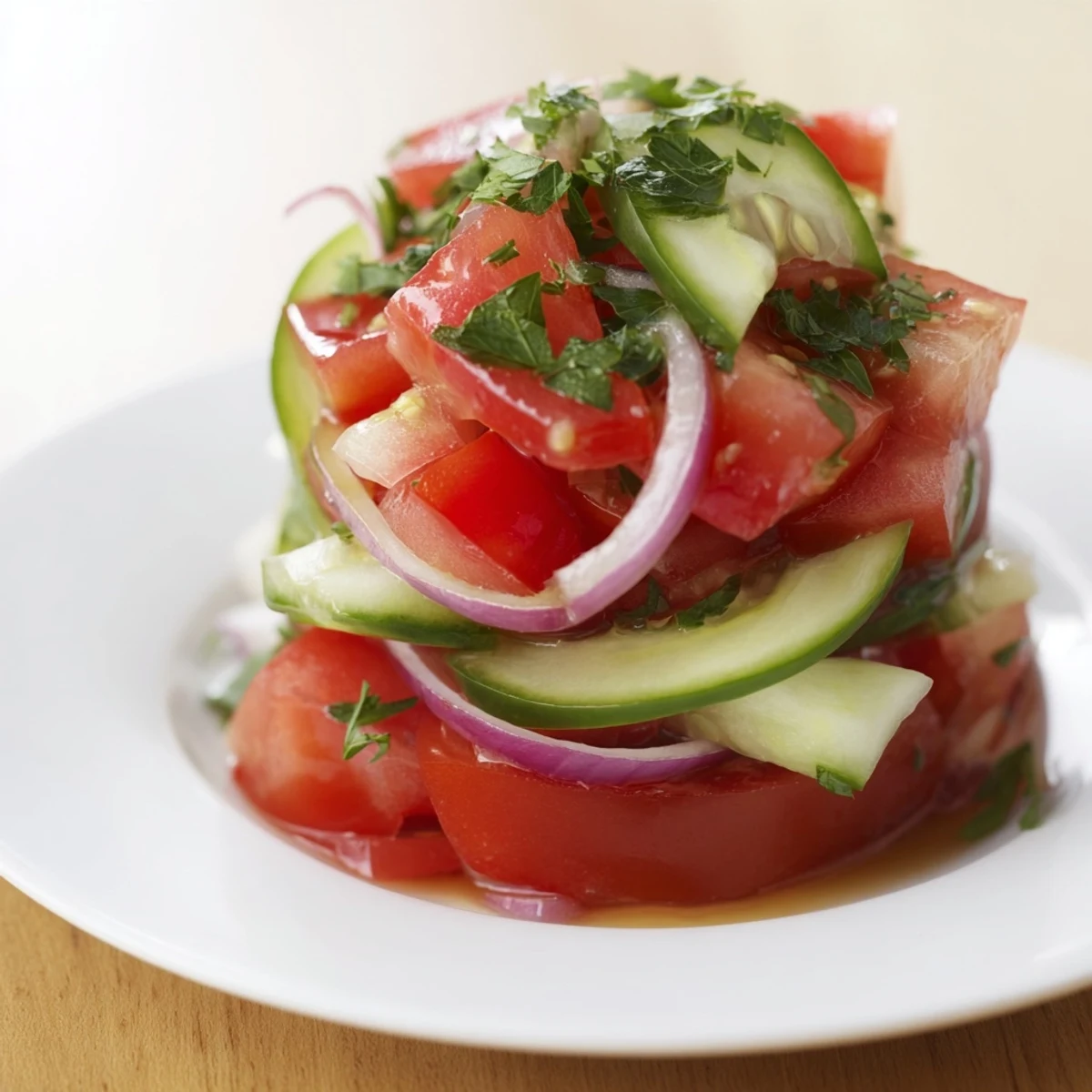 Colorful bowl of crisp tomato cucumber and onion salad dressed with olive oil and vinegar