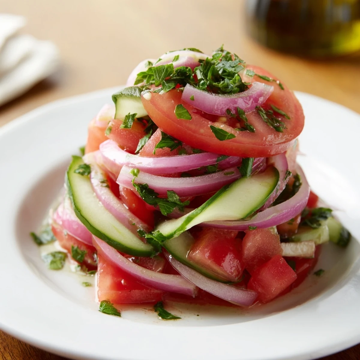 Summer tomato cucumber and onion salad featuring crunchy vegetables in tangy red wine vinaigrette
