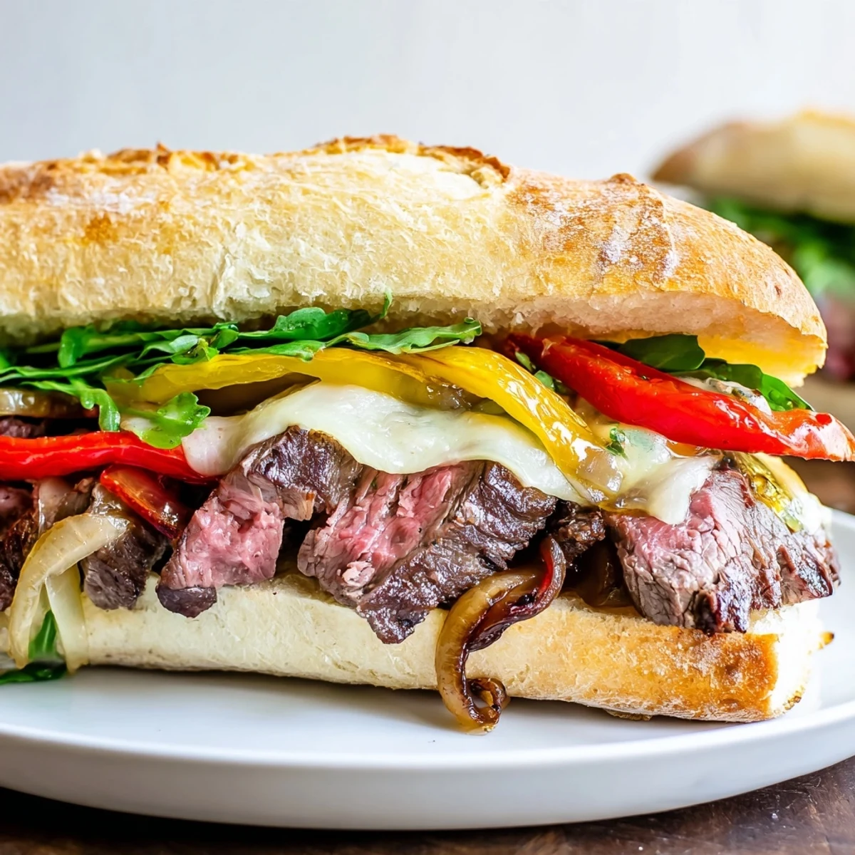 Hearty steak sandwich featuring tender beef, melted provolone, and fresh peppery arugula