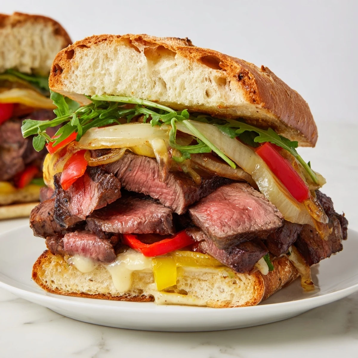 American-style steak sandwich with grilled onions, melted cheese, and ripe tomato slices