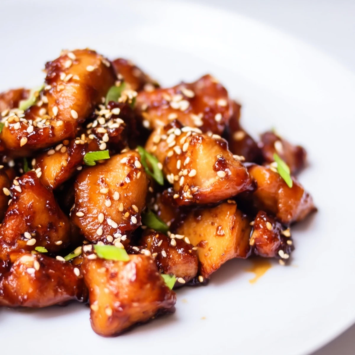 Golden honey chicken pieces coated in thick sticky glaze with sesame seeds and green onions