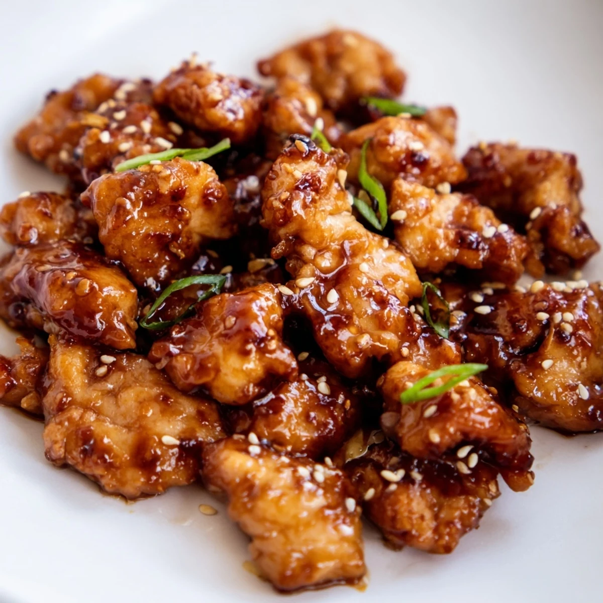 Crispy honey chicken bites tossed in savory glossy sauce garnished with fresh sliced scallions