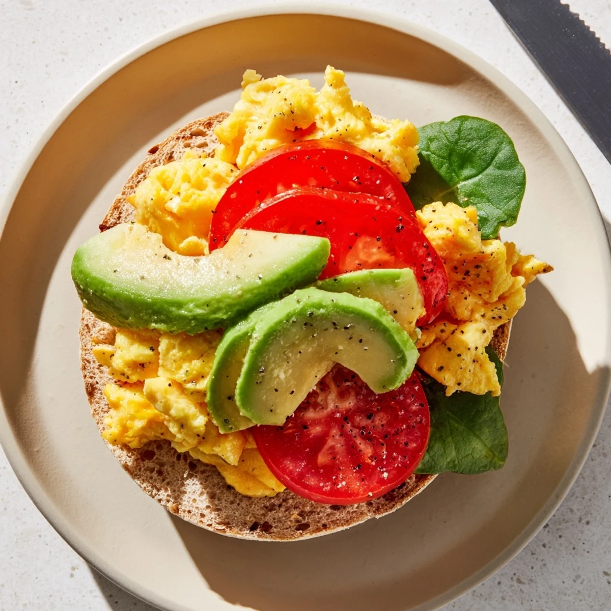 Golden brown healthy breakfast sandwich with fluffy eggs, melted cheese, and fresh avocado slices on toasted whole grain English muffin