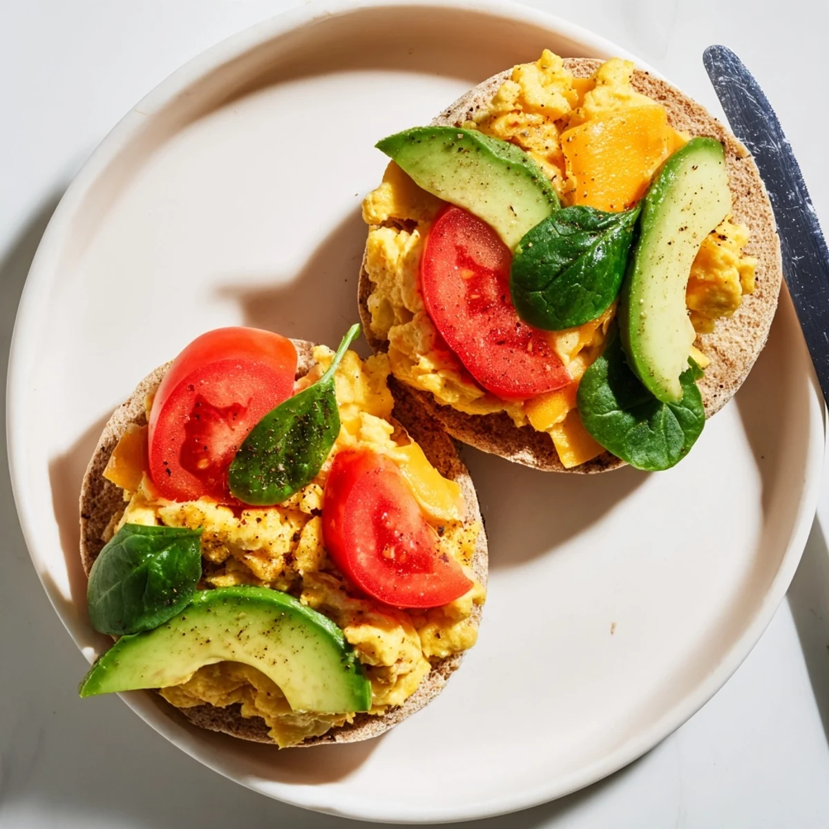 Layered healthy breakfast sandwich featuring scrambled eggs, ripe tomato, spinach, and cheddar cheese stacked on a split toasted muffin
