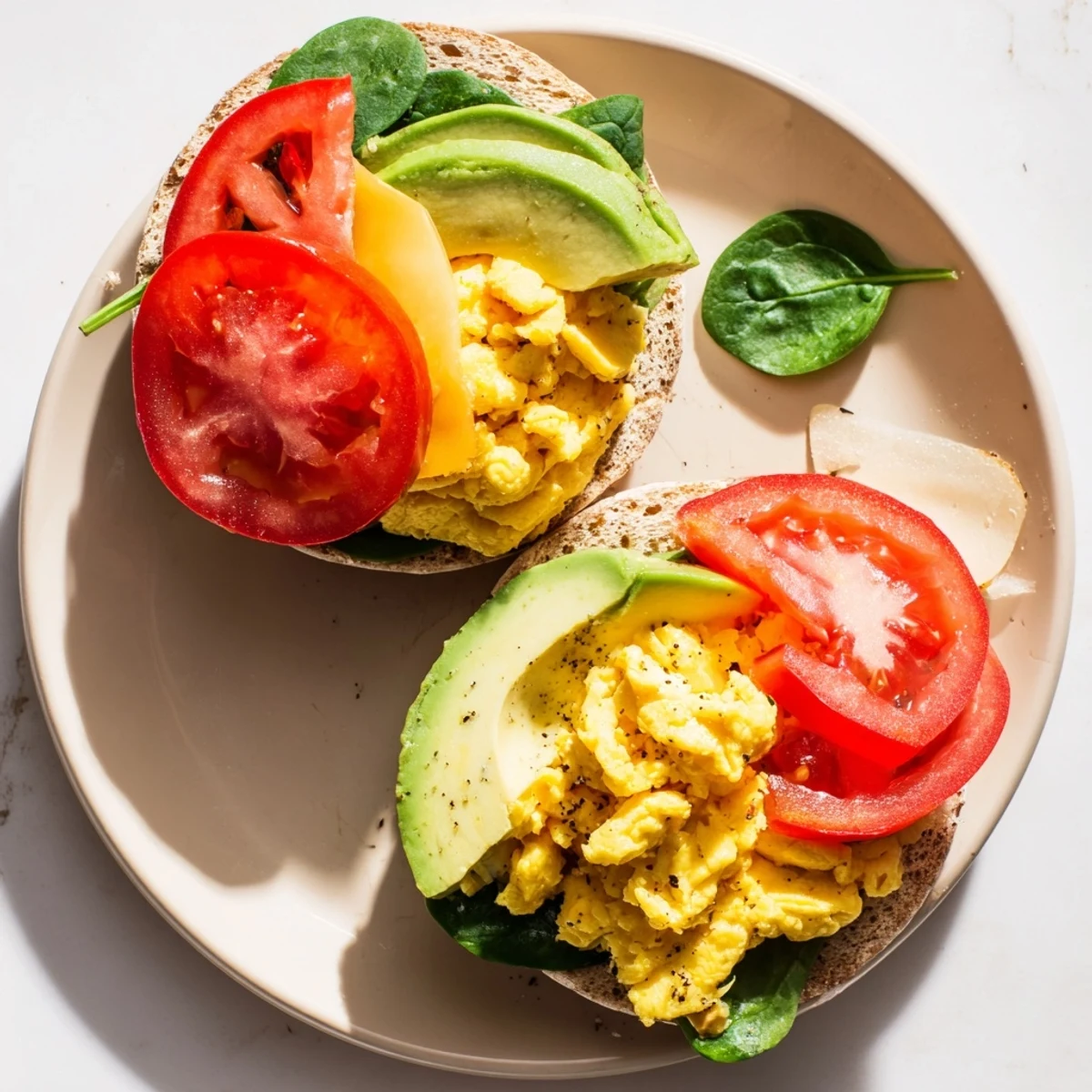 Protein-packed healthy breakfast sandwich displaying creamy avocado, egg, and vegetable filling nestled between warm English muffin halves