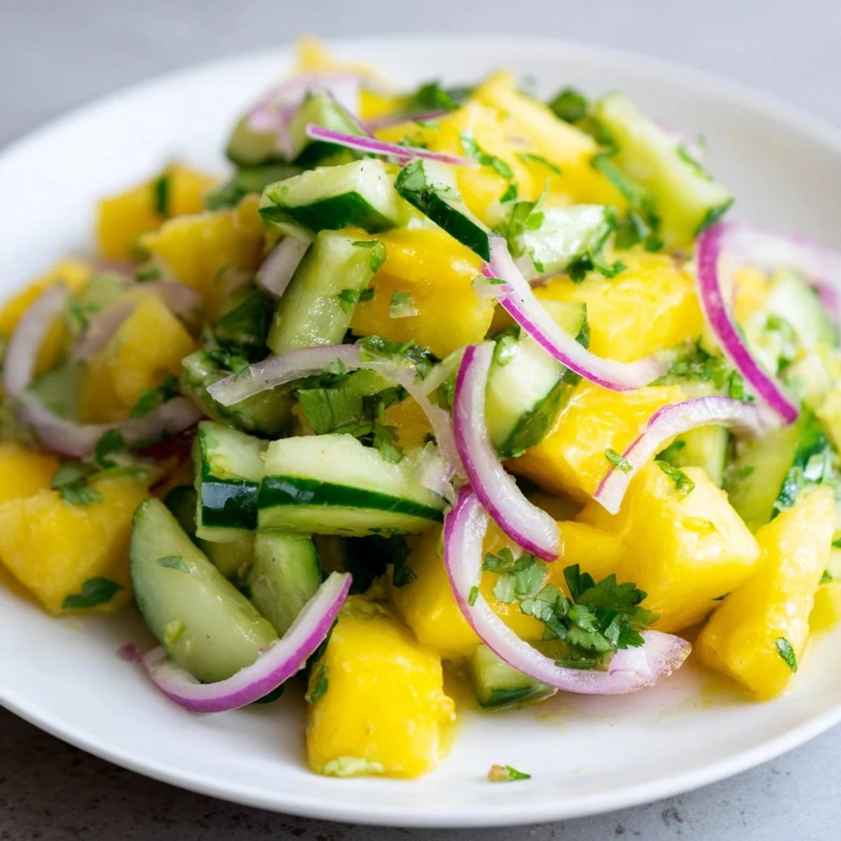 Colorful bowl of fresh pineapple cucumber salad topped with cilantro and drizzled with tangy lime vinaigrette