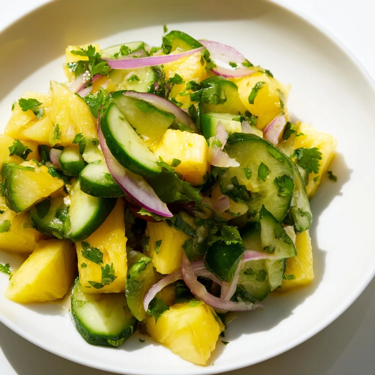 Refreshing pineapple cucumber salad featuring crisp diced produce in a zesty citrus dressing with red onion