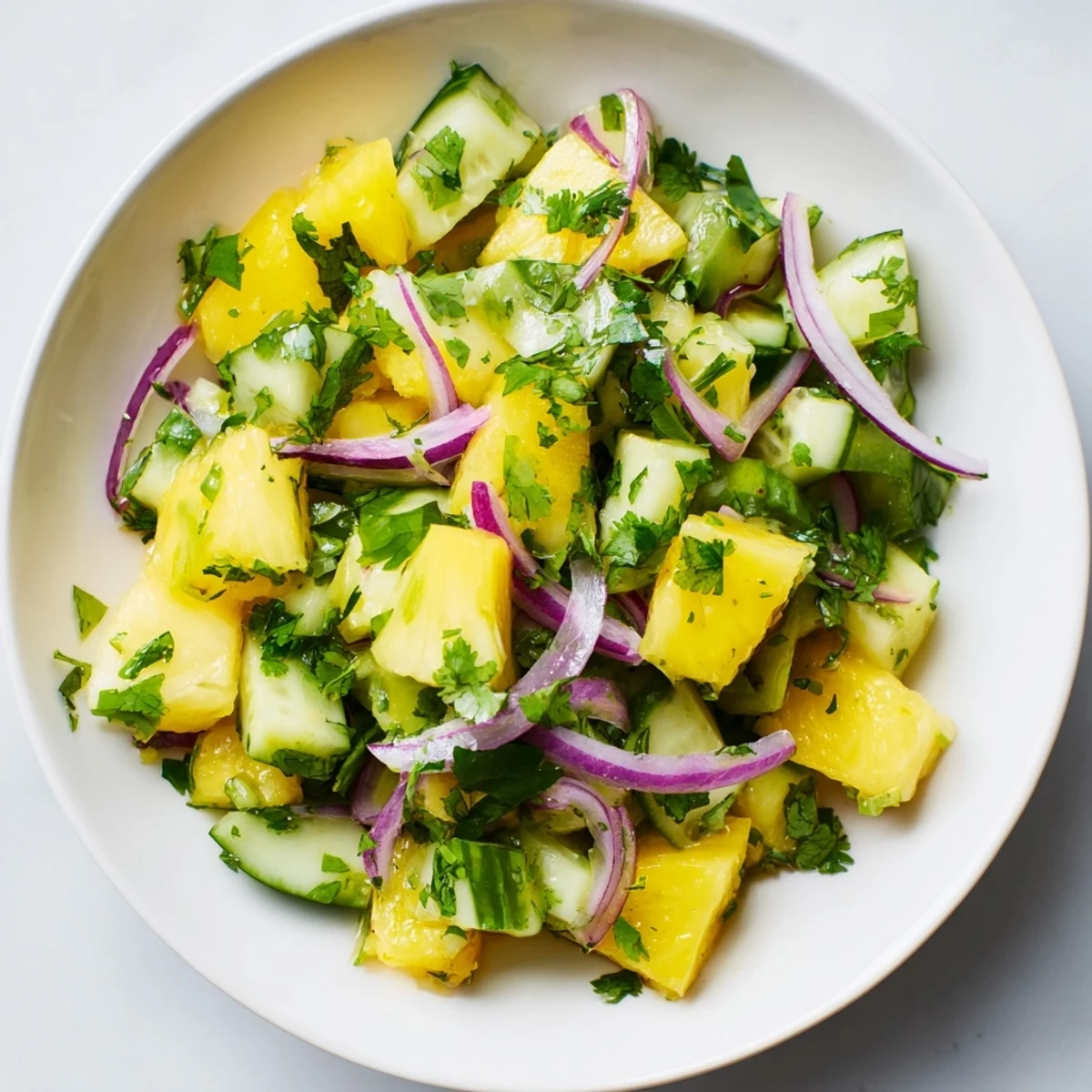 Vibrant summer pineapple cucumber salad with juicy fruit crunchy vegetables and fresh herbs in light lime dressing