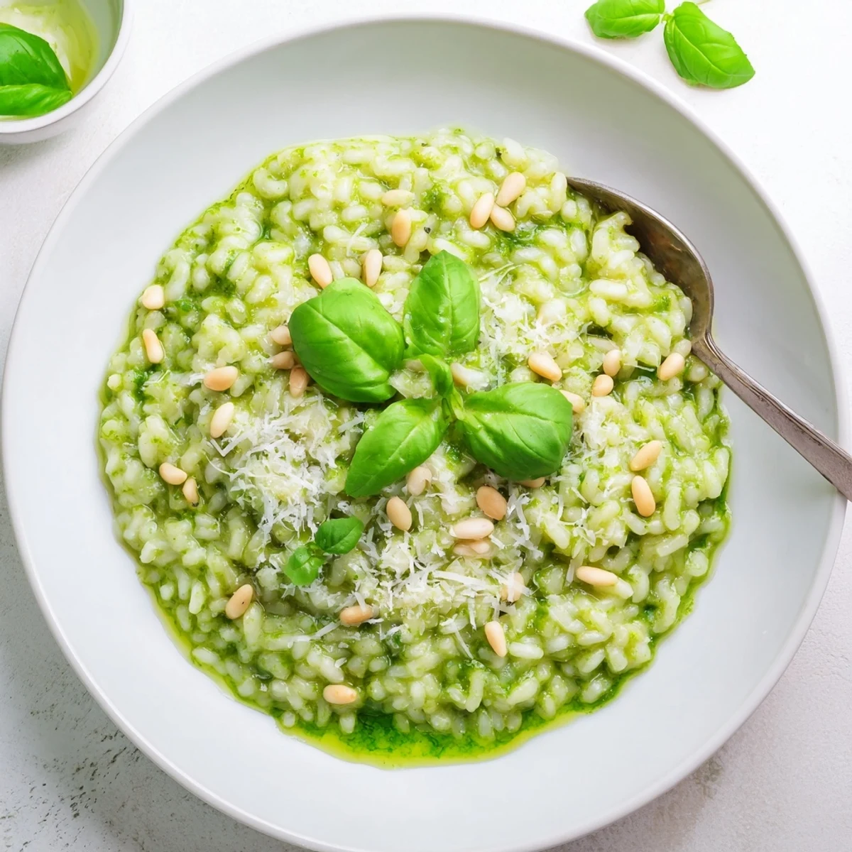 Spoonful of Italian Parmesan pesto risotto showing vibrant green swirls against the rich creamy rice background