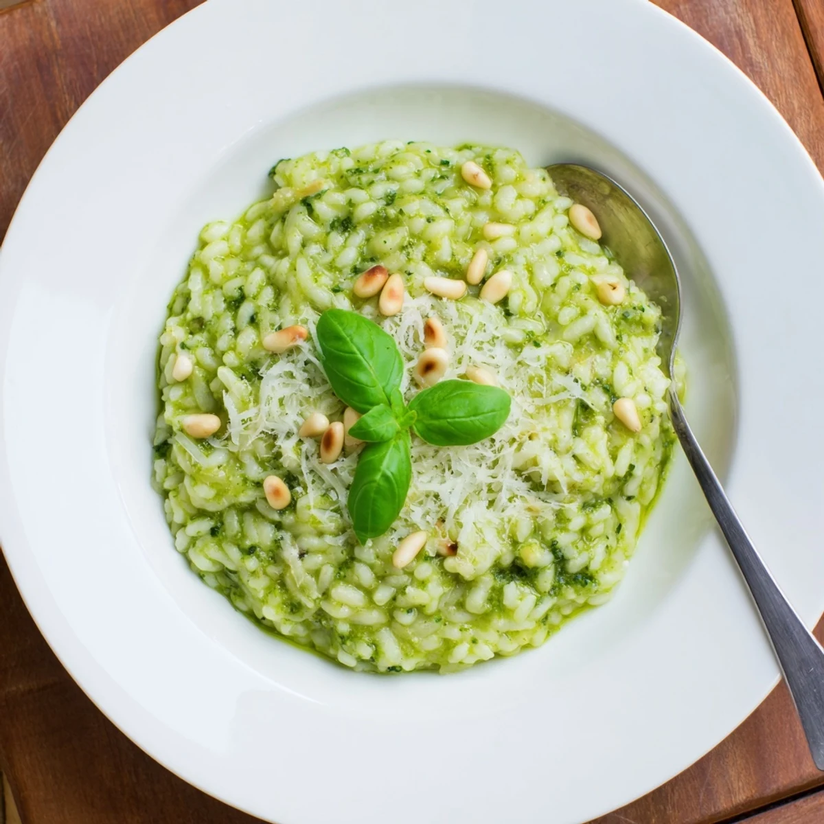 Steaming plate of homemade Parmesan pesto risotto garnished with toasted pine nuts and extra Parmesan shavings