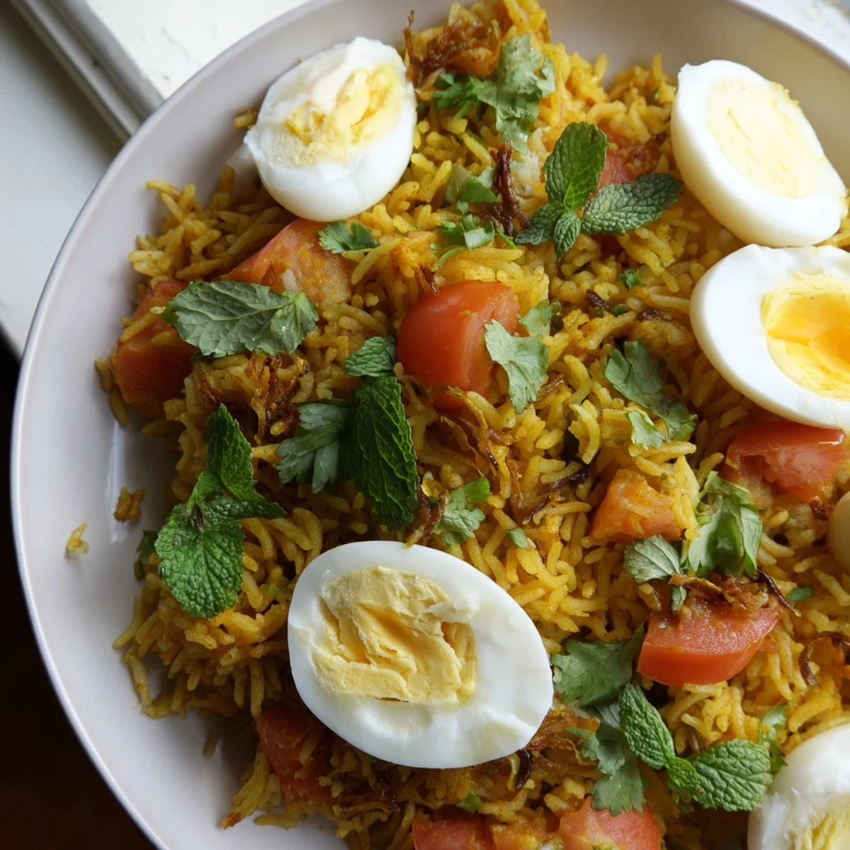 Fluffy tomato and ginger biryani topped with perfectly cooked eggs and fresh herbs