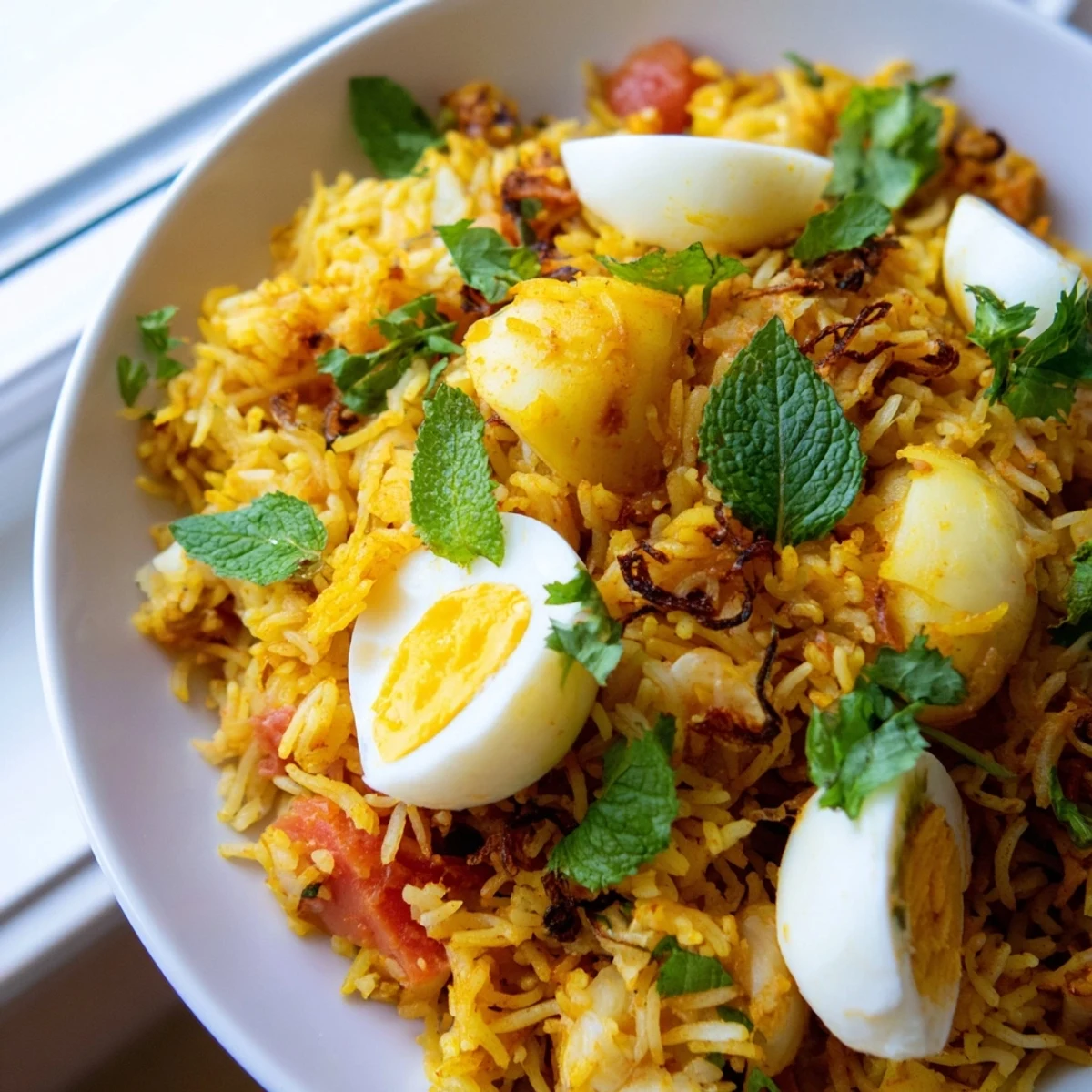 Aromatic Indian-style tomato ginger biryani layered with spiced rice and sliced boiled eggs